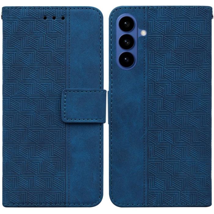 OEM - Samsung Galaxy S26 Fodral Geometriskt Mönster Äkta Läder - Blå