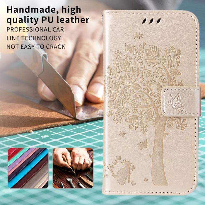 OEM - Samsung Galaxy S26 Plus Fodral Konstläder Kattträd Mönster - Guld
