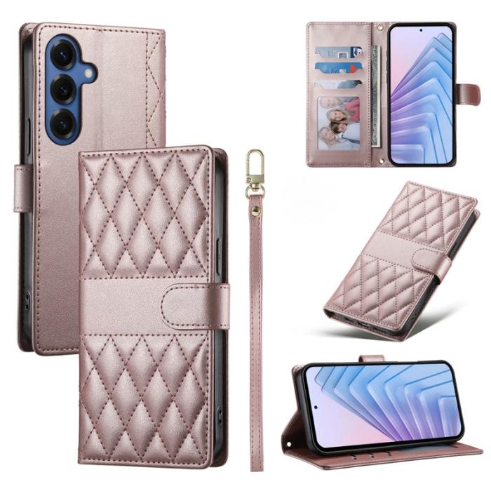 OEM - Samsung Galaxy S26 Fodral Rhombus Stitching Ställ Läder - Roséguld