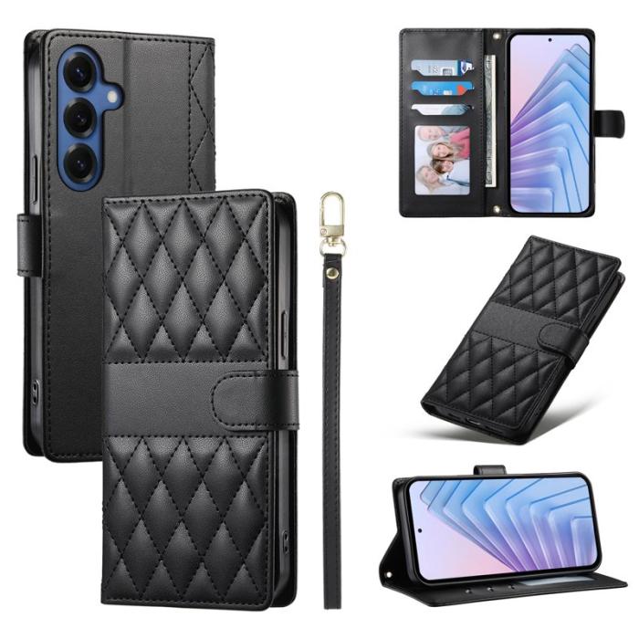 OEM - Samsung Galaxy S26 Fodral Rhombus Stitching Ställ Läder - Svart