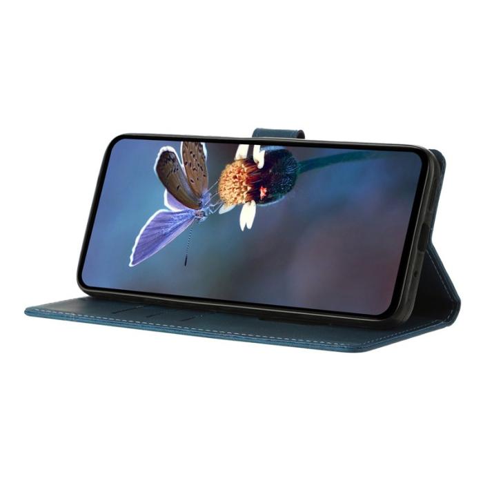 OEM - Samsung Galaxy S26 Plus Fodral Ställ Impräntad Triangelmönster Äkta Läder - Blå