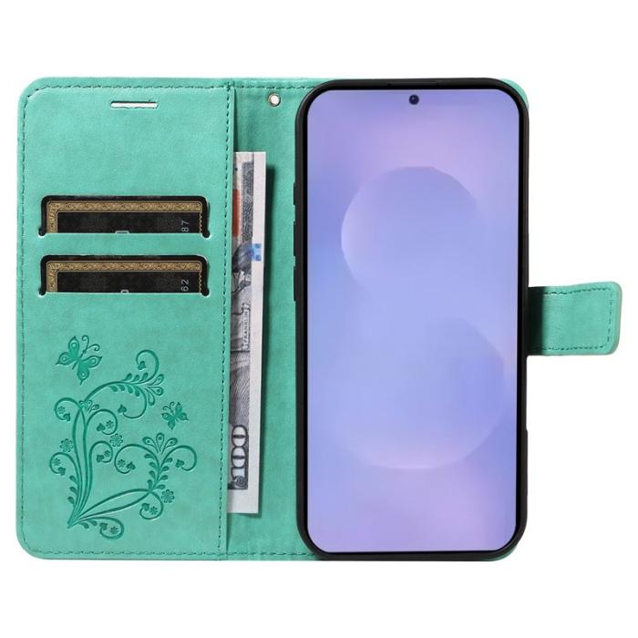 OEM - Samsung Galaxy S26 Plus Fodral Blommönster Impräntat Äkta Läder - Grön