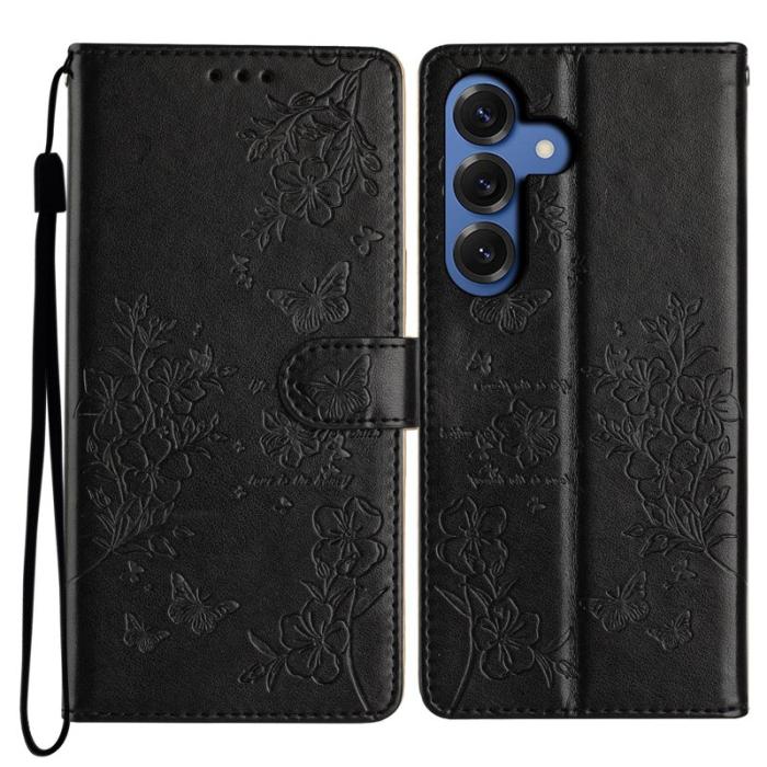 OEM - Samsung Galaxy S26 Plus Fodral Blomtryck Konstläder Flip Skydd - Svart