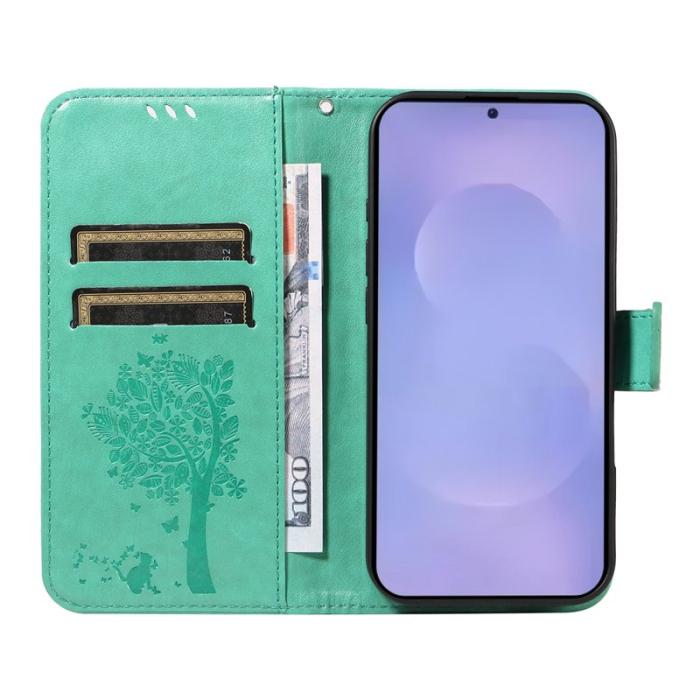 OEM - Samsung Galaxy S26 Plus Fodral PU Läder Kattträd Mönster - Grön