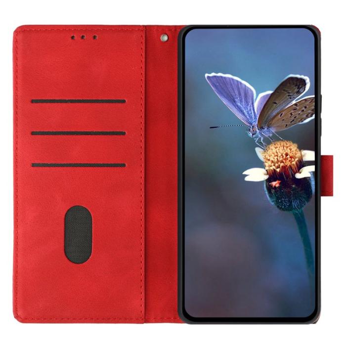 OEM - Samsung Galaxy S26 Plus Fodral Ställ Impräntad Triangelmönster Äkta Läder - Röd