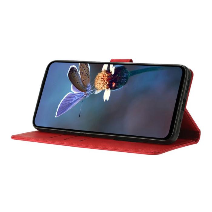 OEM - Samsung Galaxy S26 Plus Fodral Ställ Impräntad Triangelmönster Äkta Läder - Röd