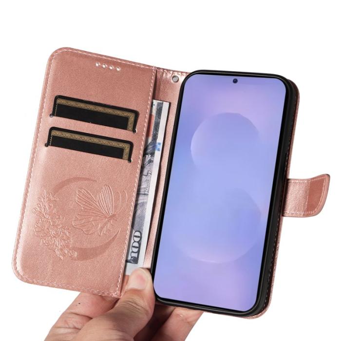 OEM - Samsung Galaxy S26 Plus Skal Fjärilsmönster PU Läder - Roséguld