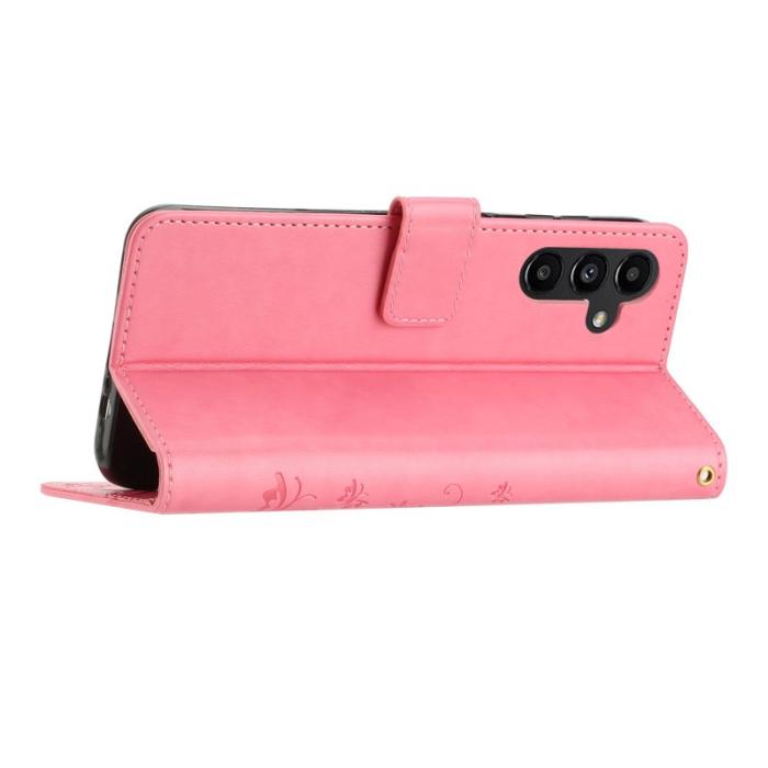 OEM - Samsung Galaxy S26 / S26 Pro Fodral Äkta Läder Fjäril Blomma - Rosa