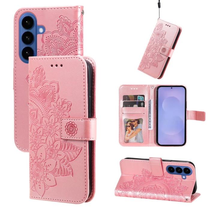 OEM - Samsung Galaxy S26 / S26 Pro Fodral Blommönster PU Läder Ställ - Rosa