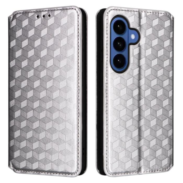 OEM - Samsung Galaxy S26 / S26 Pro Fodral Rhombus Prägling Äkta Läder - Silver