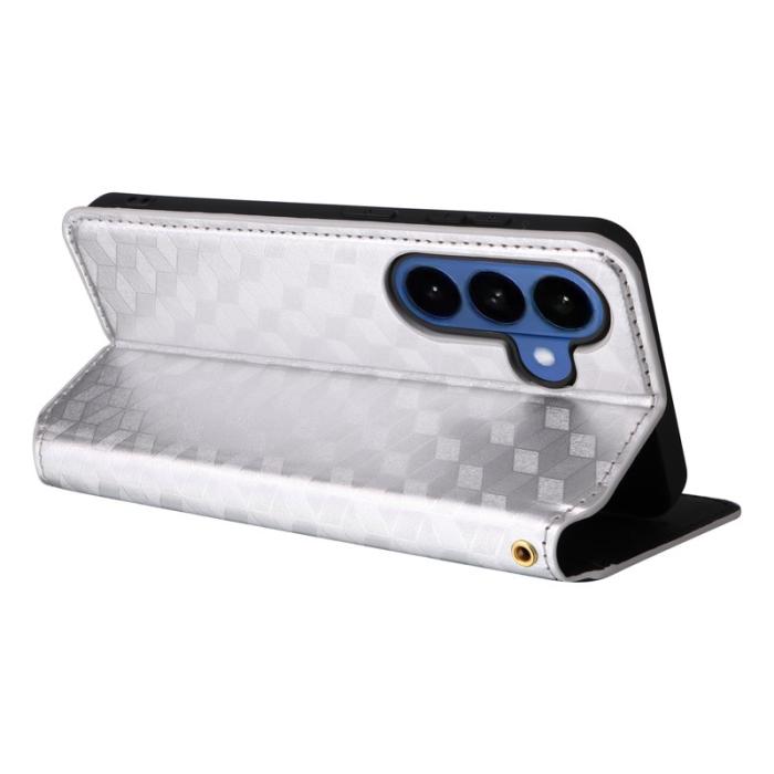OEM - Samsung Galaxy S26 / S26 Pro Fodral Rhombus Prägling Äkta Läder - Silver
