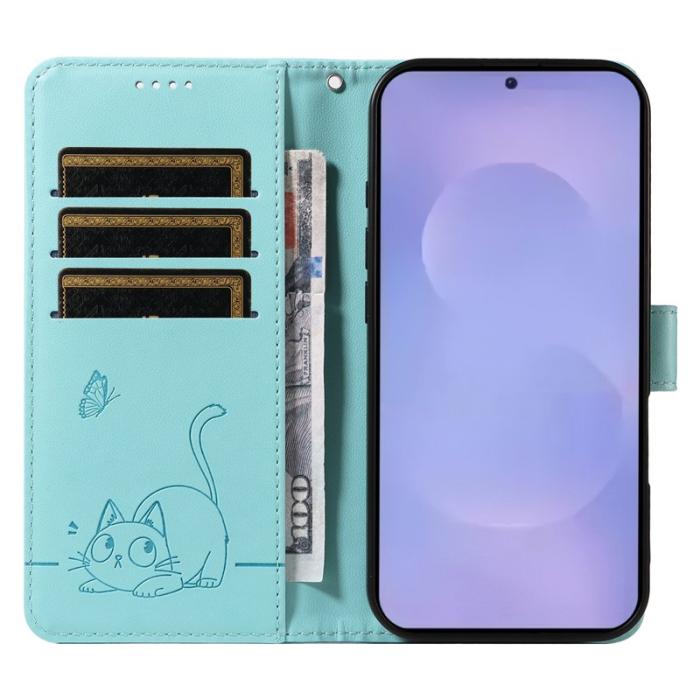 OEM - Samsung Galaxy S26 / S26 Pro Skal Kattmönster Imprint Konstläder - Grön