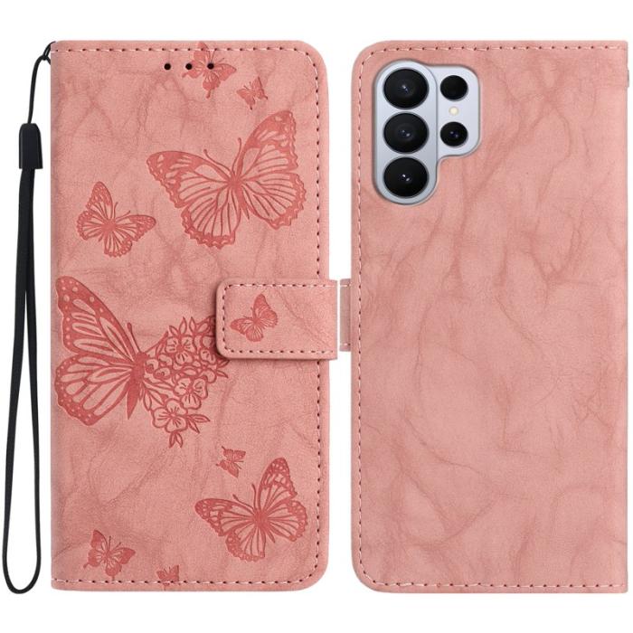 OEM - Samsung Galaxy S26 Ultra Fodral Äkta Läder Blomma Prägling - Rosa