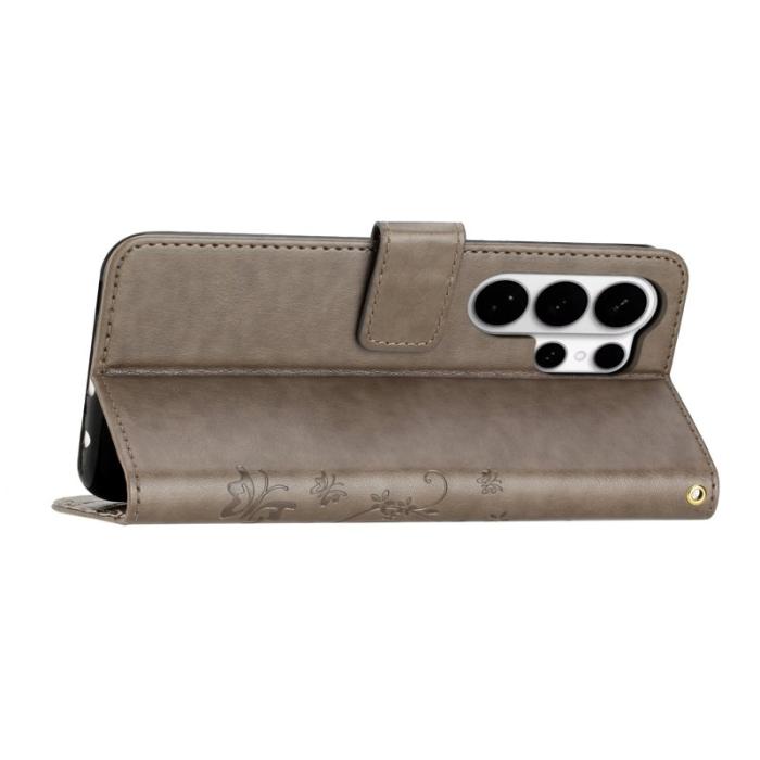 OEM - Samsung Galaxy S26 Ultra Fodral Äkta Läder Fjäril Blomma - Grå