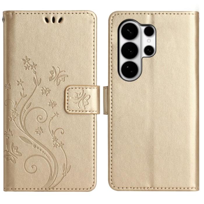 OEM - Samsung Galaxy S26 Ultra Fodral Äkta Läder Fjäril Blomma - Guld