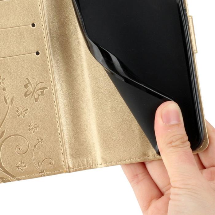 OEM - Samsung Galaxy S26 Ultra Fodral Äkta Läder Fjäril Blomma - Guld