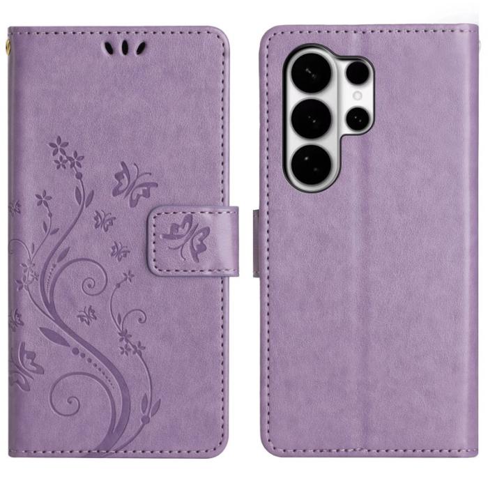 OEM - Samsung Galaxy S26 Ultra Fodral Äkta Läder Fjäril Blomma - Ljus Lila