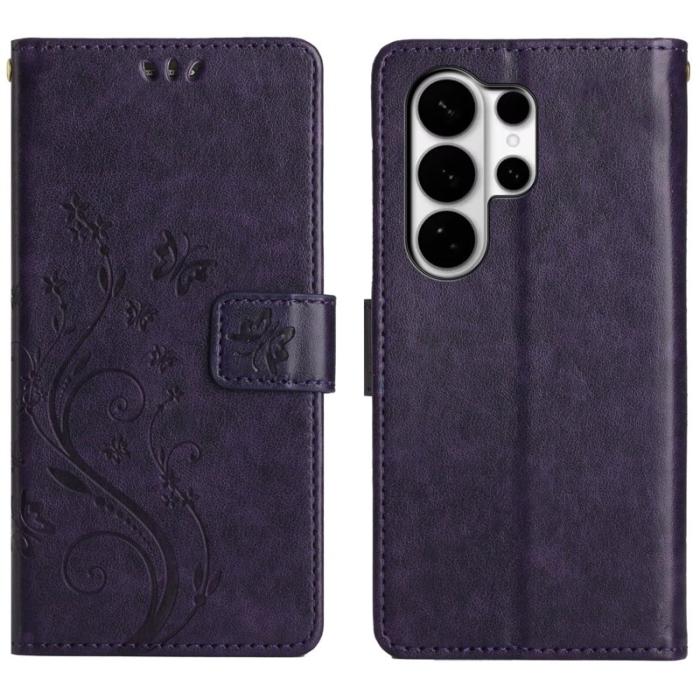 OEM - Samsung Galaxy S26 Ultra Fodral Äkta Läder Fjäril Blommor - Mörklila