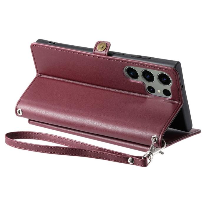 OEM - Samsung Galaxy S26 Ultra Fodral Äkta Läder Med Handrem - Vinröd