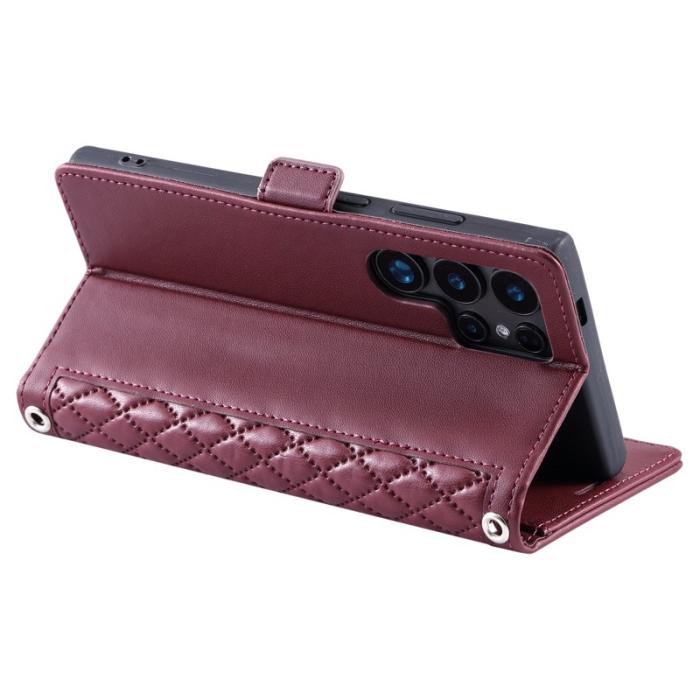 OEM - Samsung Galaxy S26 Ultra Fodral Äkta Läder Rhombus - Vinröd