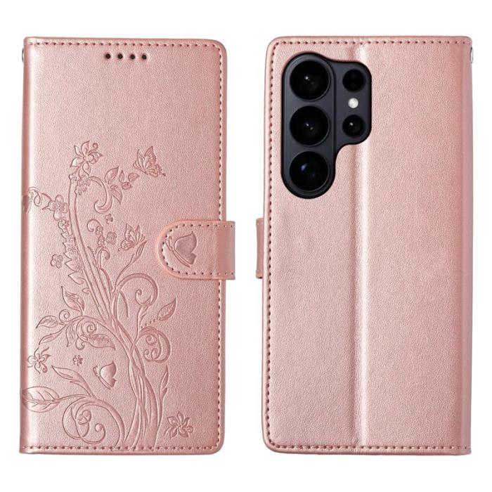 OEM - Samsung Galaxy S26 Ultra Fodral Konstläder Fjäril Blommönster - Roséguld