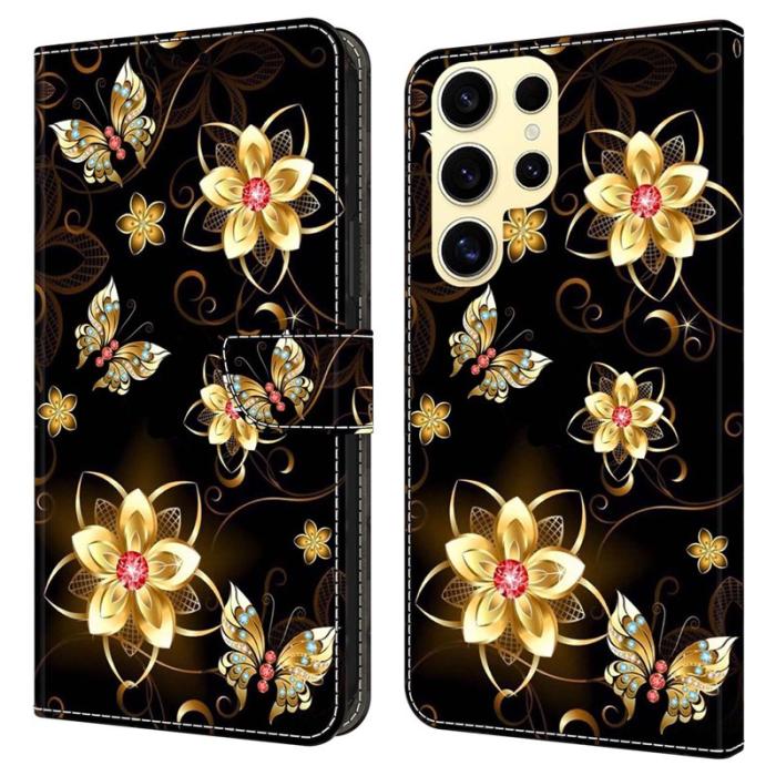 OEM - Samsung Galaxy S26 Ultra Fodral Konstläder Flip - Guldblommor och Fjärilar