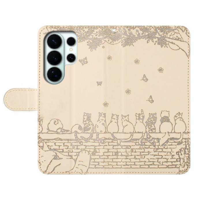 OEM - Samsung Galaxy S26 Ultra Skal Äkta Läder Mönster Katter - Aprikos