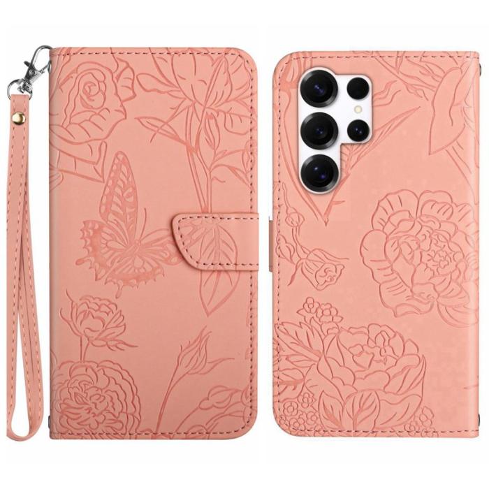 OEM - Samsung Galaxy S26 Ultra Skal Konstläder Butterfly Blomma - Rosa