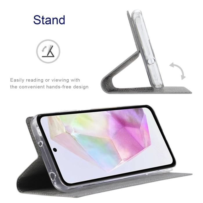 VILI - VILI Samsung Galaxy A35 5G Skal Flip Stöttåligt Konstläder - Grå