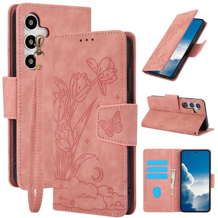 OEM - Plånboksfodral för Samsung Galaxy S26 Äkta läder Blommor - Rosa