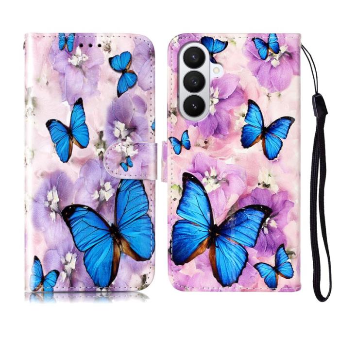 OEM - Plånboksfodral för Samsung Galaxy S26 Konstläder med rem - Lila Blomma Fjäril