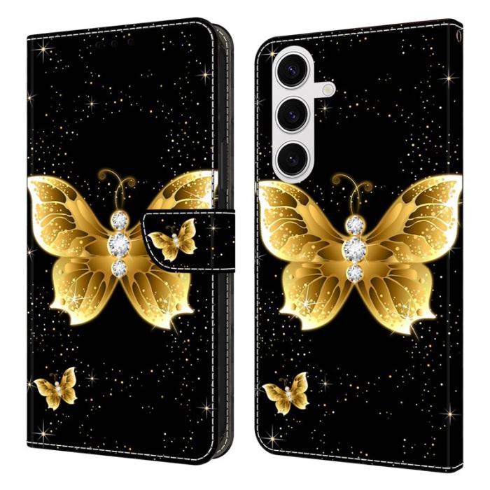 OEM - Plånboksfodral för Samsung Galaxy S26 Äkta läder Mönster - Gyllene fjärilar