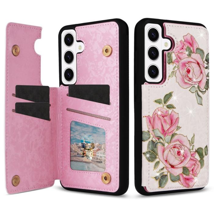 OEM - Mobilfodral för Samsung Galaxy S26 Äkta läder RFID - Rosablommig
