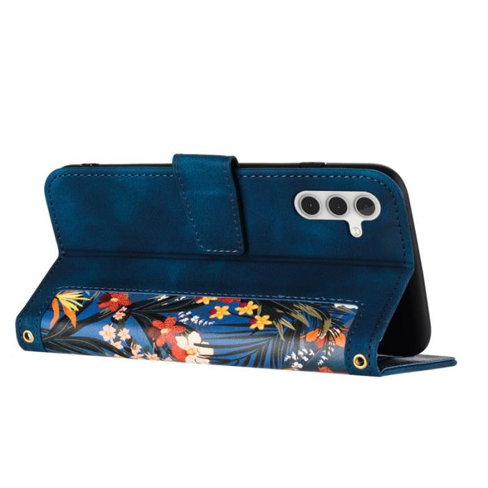 OEM - Mobilfodral för Samsung Galaxy S26 Konstläder Blommor med kortfack - Mörkblå