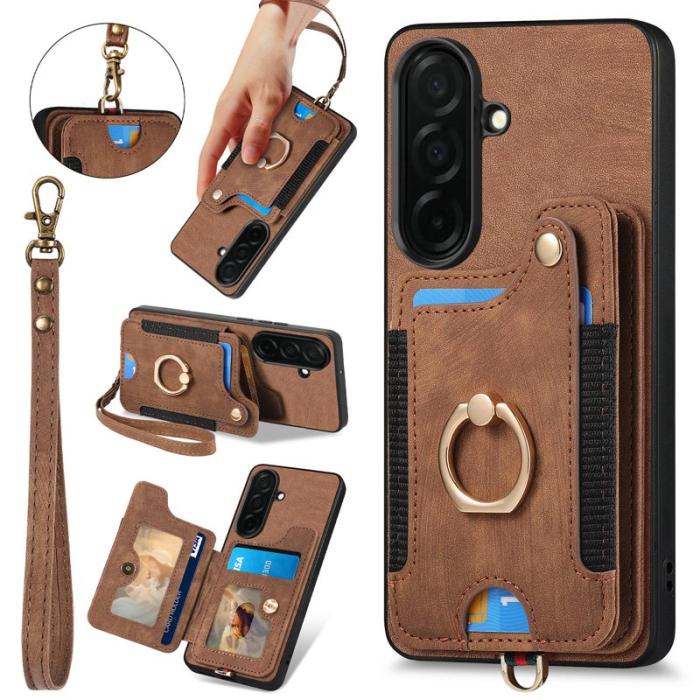 OEM - Mobilfodral för Samsung Galaxy S26 Konstläder RFID + Ringhållare - Brun