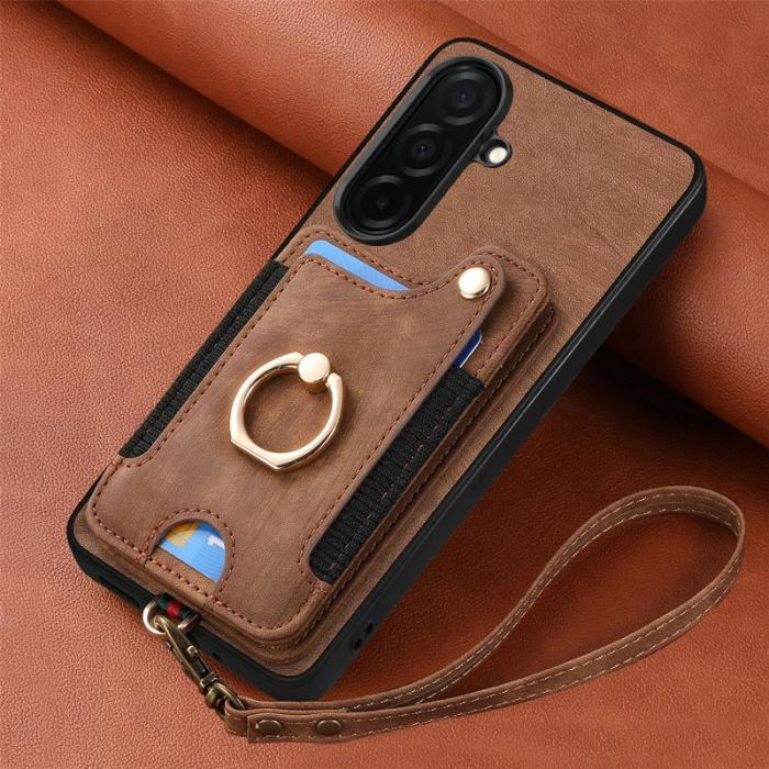 OEM - Mobilfodral för Samsung Galaxy S26 Konstläder RFID + Ringhållare - Brun
