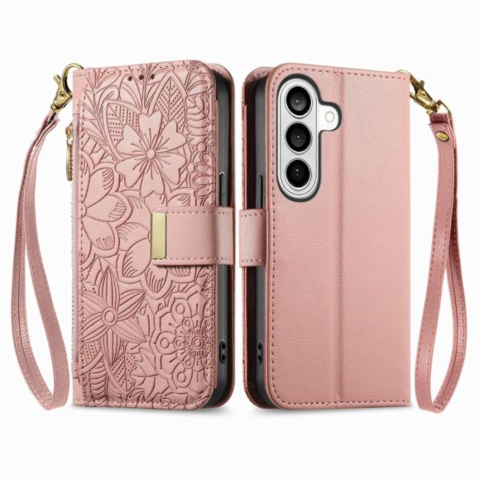 OEM - Mobilfodral för Samsung Galaxy S26 Plus Blommönster Flera kort - Rosa