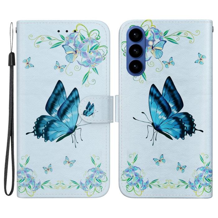 OEM - Plånboksfodral för Samsung Galaxy S26 Plus Konstläder - Blå fjäril blommor