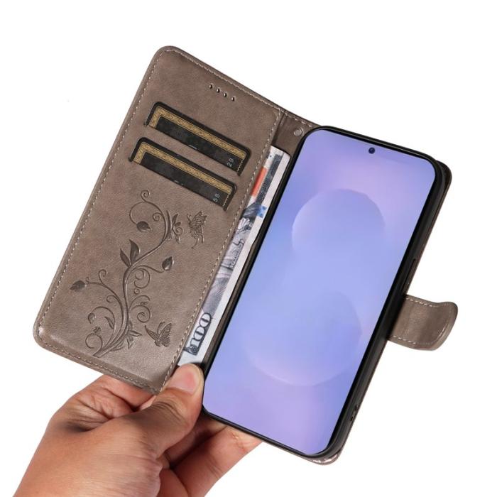 OEM - Plånboksfodral för Samsung Galaxy S26 Plus Konstläder Blommönster - Grå
