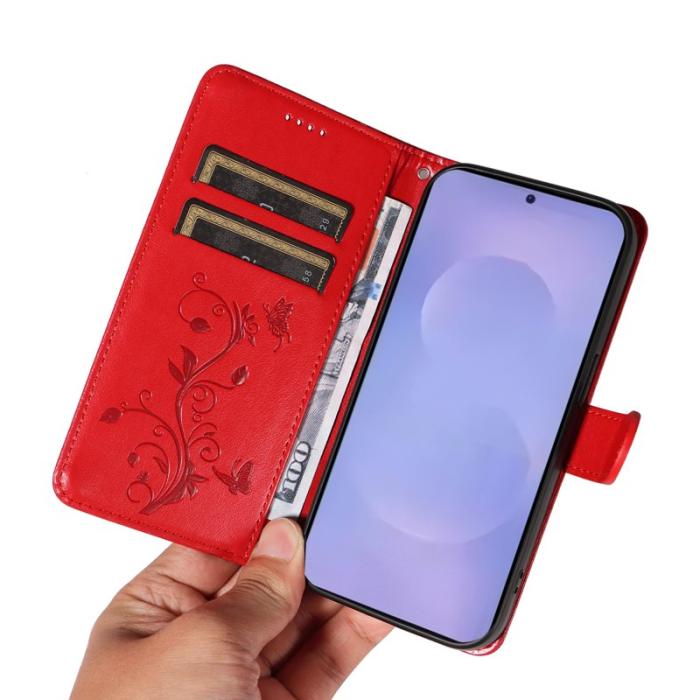 OEM - Plånboksfodral för Samsung Galaxy S26 Plus Konstläder Blommönster - Röd