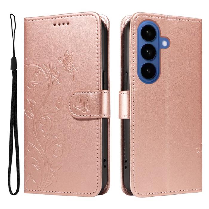 OEM - Plånboksfodral för Samsung Galaxy S26 Plus Konstläder Blommönster - Roséguld