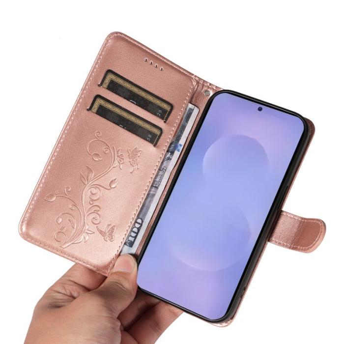 OEM - Plånboksfodral för Samsung Galaxy S26 Plus Konstläder Blommönster - Roséguld