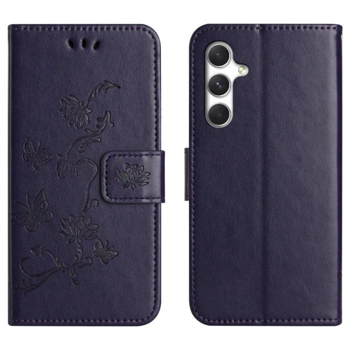 OEM - Plånboksfodral för Samsung Galaxy S26 Plus Ställ Impräntad Fjäril - Mörkblå