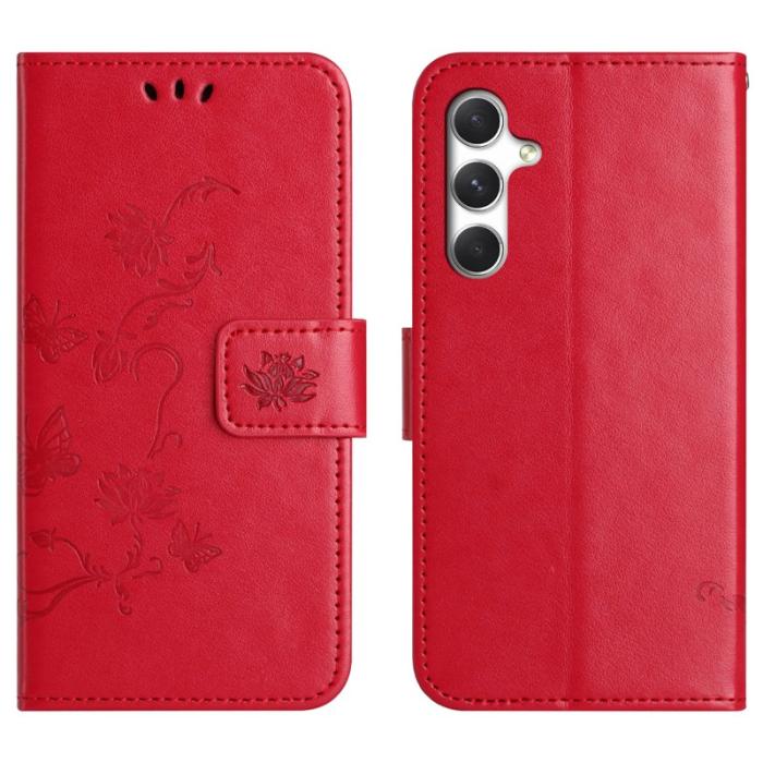 OEM - Plånboksfodral för Samsung Galaxy S26 Plus Ställ Impräntad Fjäril - Röd