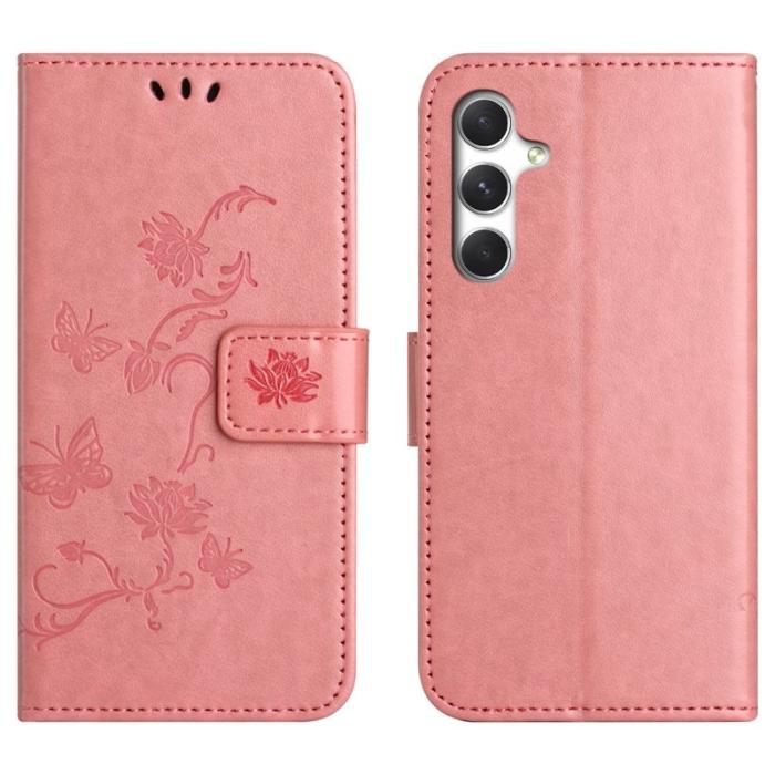 OEM - Plånboksfodral för Samsung Galaxy S26 Plus Ställ Impräntad Fjäril - Rosa