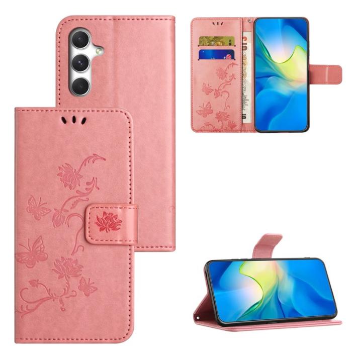 OEM - Plånboksfodral för Samsung Galaxy S26 Plus Ställ Impräntad Fjäril - Rosa