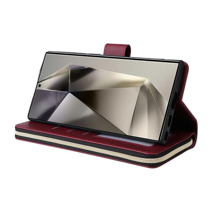 OEM - Mobilfodral för Samsung Galaxy S26 Ultra 9 Kortplatser Konstläder - Vinröd