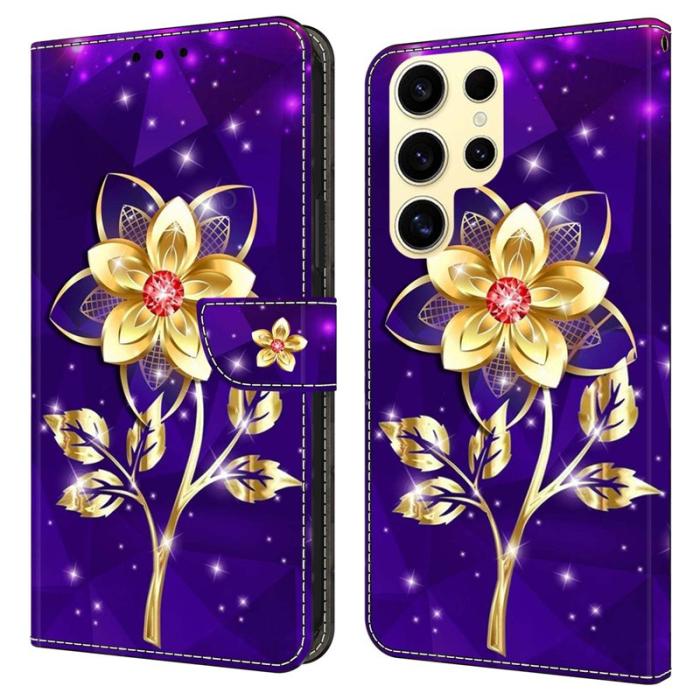 OEM - Plånboksfodral för Samsung Galaxy S26 Ultra Konstläder Flip Guldblommor på Lila