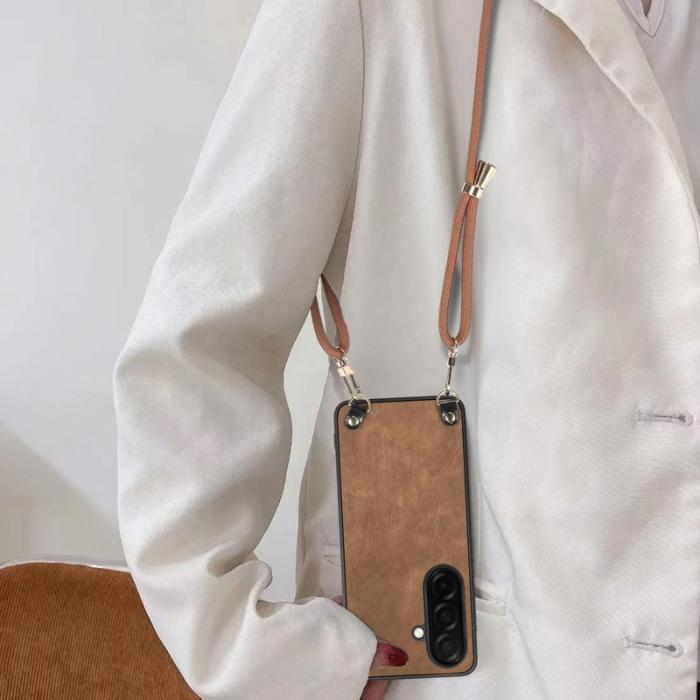 OEM - Mobilskal för Samsung Galaxy S26 Äkta läder med justerbar rem - Brun