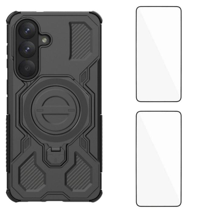 WANLONFENG - WANLONFENG Mobilskal för Samsung Galaxy S26 Plus Kickstand + 2Pcs Film - Svart